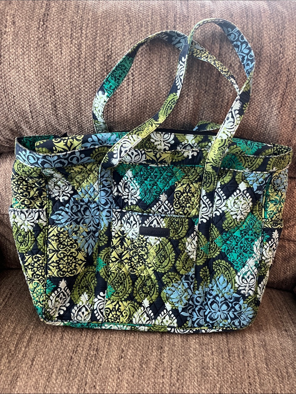 Vera Bradley Large Quilted Zippered Top Tote Blues Greens